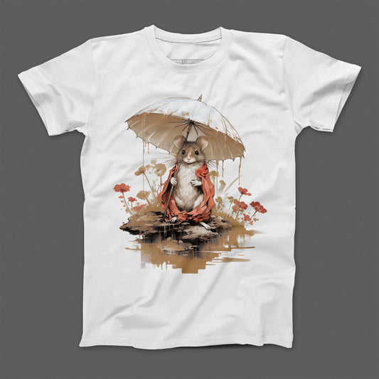 Cute Mouse with Umbrella and Flowers Graphic T-Shirt