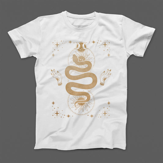 Mystical Snake and Moon Graphic White T-Shirt