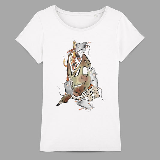 Unique Artistic Mice and Fish Design White T-Shirt