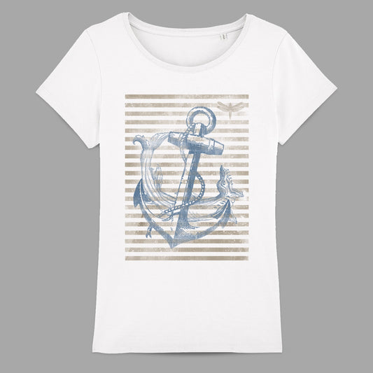 Nautical Anchor and Stripes Graphic White T-Shirt