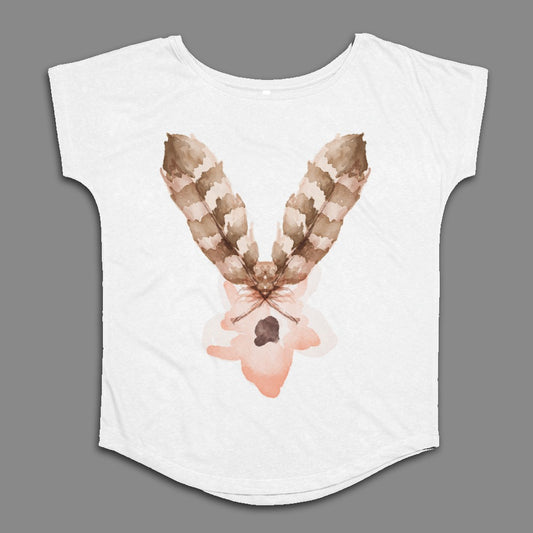 Watercolor Feather Design on Flowing White Top