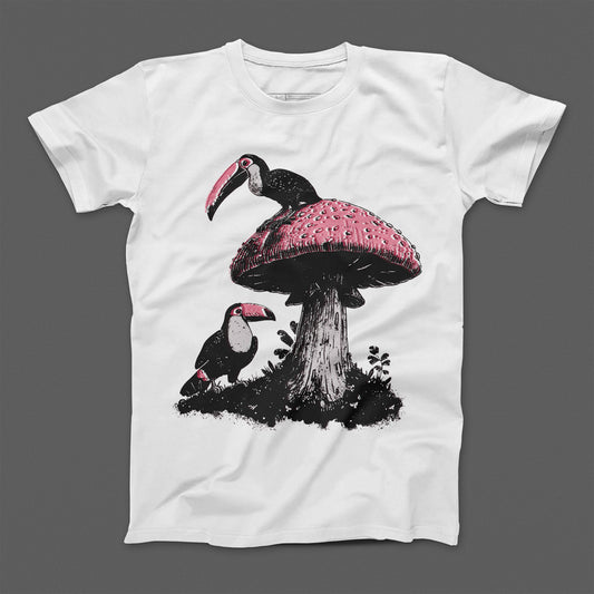 Toucan and Mushroom Graphic on White T-Shirt