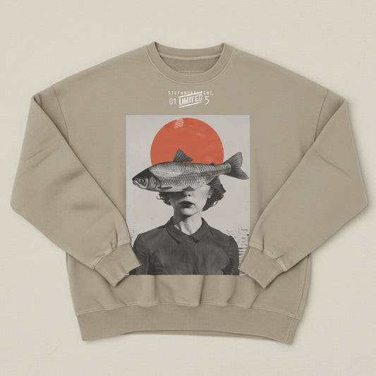 Beige Sweatshirt with Surreal Fish and Woman Design