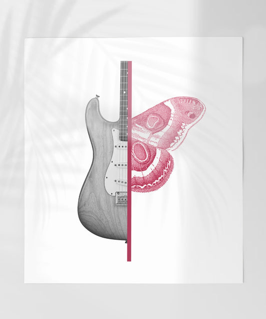 Vintage Guitar and Moth Art Print for Home Decor
