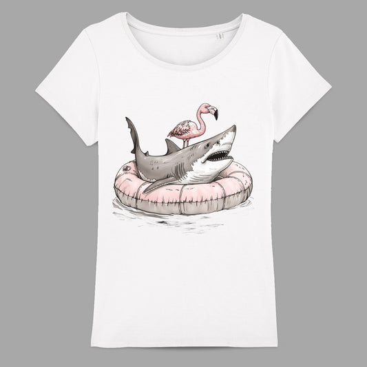 Flamingo and Shark on Pink Float Graphic T-shirt