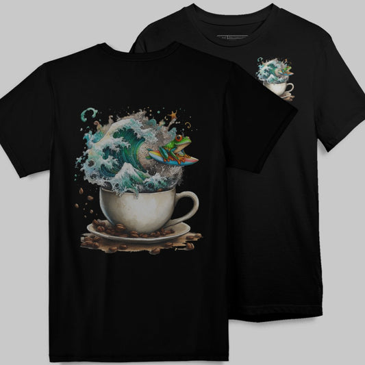 Surfer Riding Wave in Coffee Cup Graphic Tee