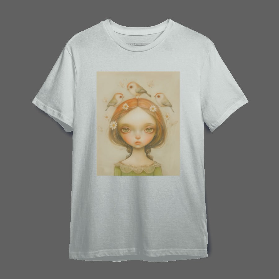 Whimsical Girl with Birds Printed T-Shirt