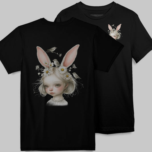 Whimsical Rabbit Girl with Birds Graphic T-shirt