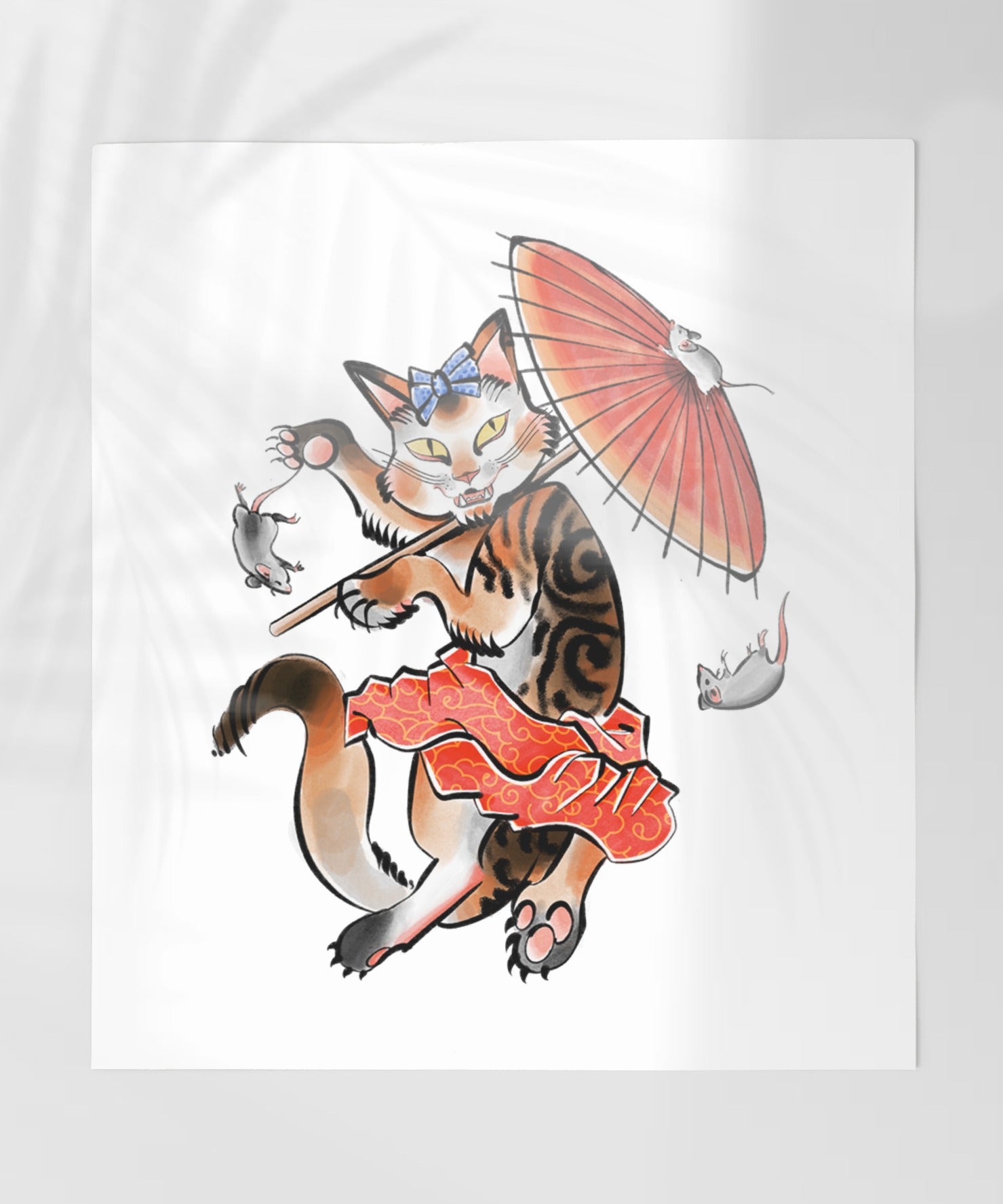 Playful Cat with Umbrella and Mice Design Art Print