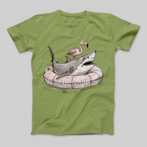 Flamingo and Shark on Pool Float Graphic T-Shirt