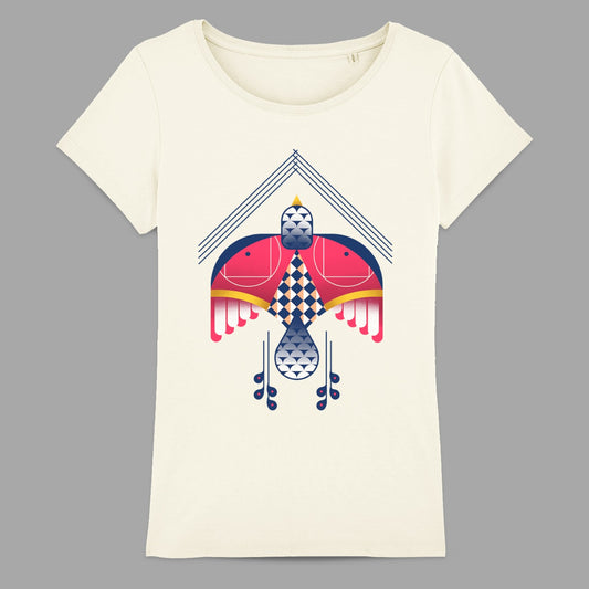 Colorful Geometric Bird Design on Beige T-shirt