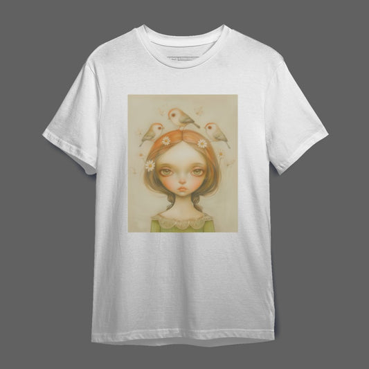 Whimsical Girl with Birds Art T-Shirt for Unique Style