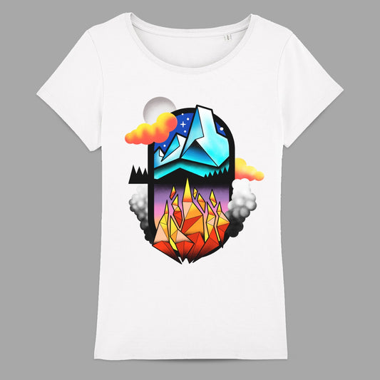 Vibrant Geometric Mountain and Flames Graphic T-Shirt