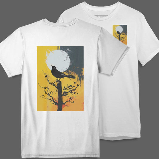 Moonlit Crow Artwork on White T-shirt with Unique Design