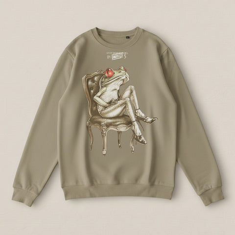 Stylish Sitting Frog in Red Headphones Sweatshirt